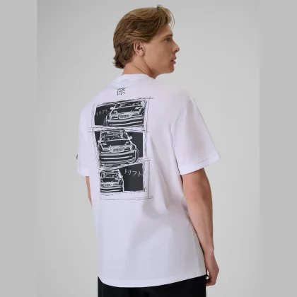 T-shirt loose s potlačou unisex 4F x Drift Masters - biely