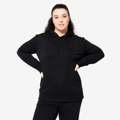 DOMYOS Dámska fitness mikina s kapucňou bavlnená ultra čierna 2XL