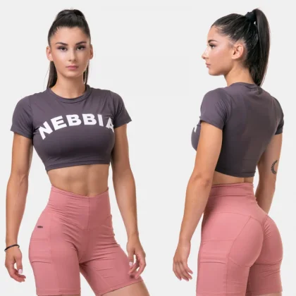 Sporty HERO crop top s krátkym rukávom 584 Marron - NEBBIA