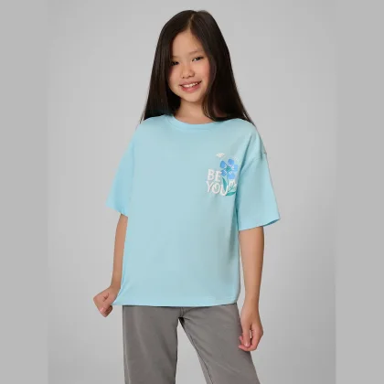 T-shirt boxy s potlačou dievčenský - modrý