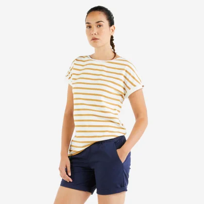 DECATHLON Dámske tričko Sailing 100 krátky rukáv prúžkované bielo-hnedé 2XL