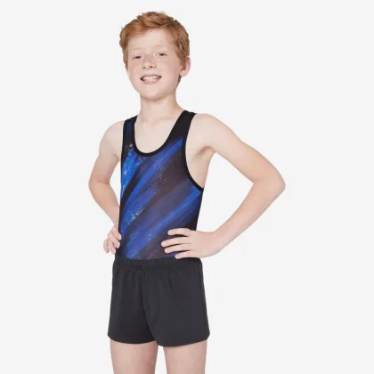 DOMYOS Chlapčenský dres na gymnastiku čierno-modrý s potlačou 8 rokov