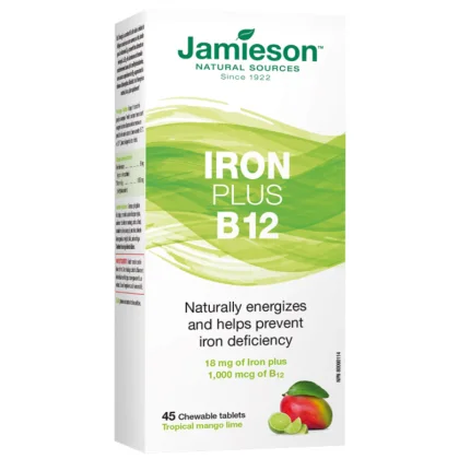 JAMIESON ŽELEZO PLUS B12 CMÚĽACIE TABLETY s príchuťou tropického manga a limetky 45tbl