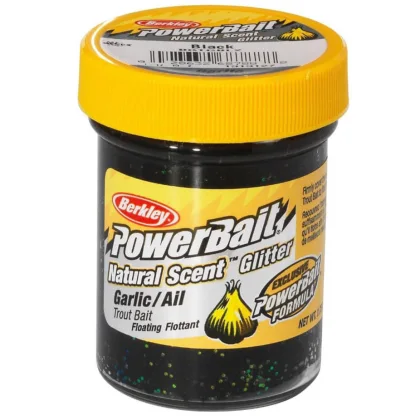 BERKLEY PowerBait Natural Glitter Trout Dough Black Gliter, Garlic