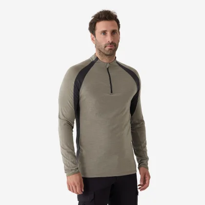 SOLOGNAC Pánske priedušné tričko 900 s dlhým rukávom a zipsom z merino vlny svetlozelené 3XL