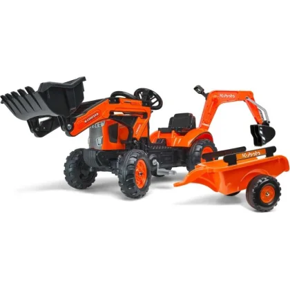 Falk šlapací traktor 2065N Kubota backhoe s předním bagrem a přívěsem s otočným bagrem