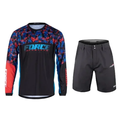 Force RECKLESS černo-červeno-modrý mtb dres + Force BLADE MTB černé cyklokraťasy