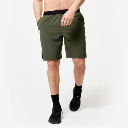 DOMYOS Pánske priedušné šortky na kruhový tréning s vreckami na zips kaki XL