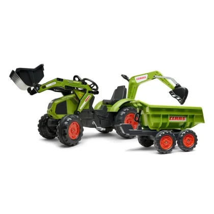 Falk Šlapací traktor 1010W Claas Axos s nakladačem, rypadlem a vlečkou