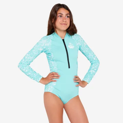 DECATHLON Dievčenské jednodielne plavky 500 s dlhým rukávom tyrkysové 10-11 r (141-148 cm)