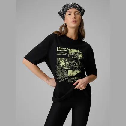 T-shirt loose s potlačou dámsky - čierny