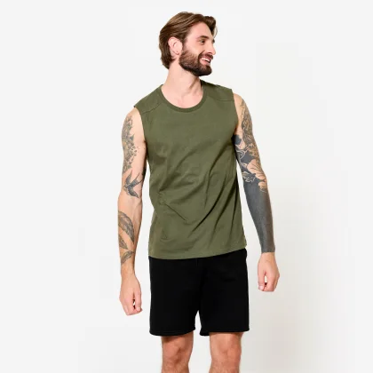 DOMYOS Pánske fitness tielko elastické kaki zelené M