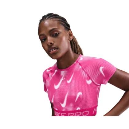 Dámske tréningové tričko s krátkym rukávom NIKE PRO W NP DF SS TOP TT AOP RUSH PINK PINK FOAM WHITE