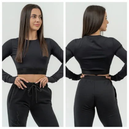 Crop top s dlhým rukávom na cvičenie 839 Black - NEBBIA