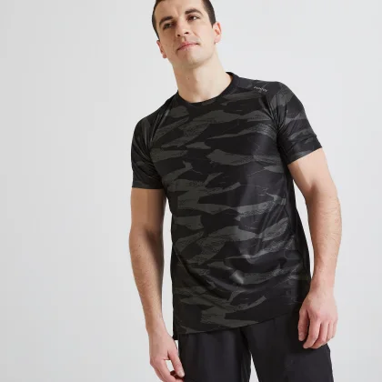 DOMYOS Pánske tričko FTS 500 na fitness a kardiotréning kaki-čierne XL