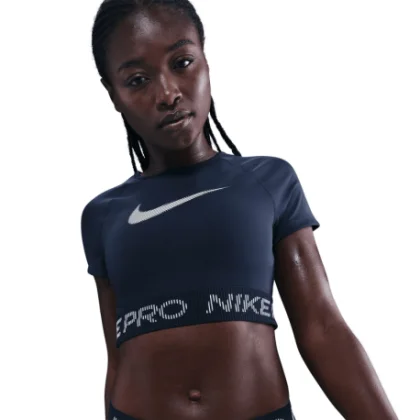 Dámske tréningové tričko s krátkym rukávom NIKE PRO W NP DF SS TOP TT GRX MIDNIGHT NAVY FOOTBALLGREY WHITE