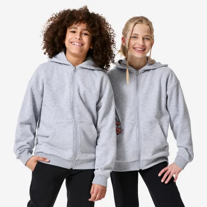 DECATHLON Detská voľná mikina na zips s kapucňou sivá 7-8 r (123-130 cm)