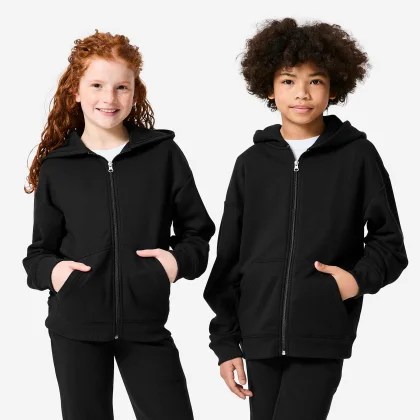 DECATHLON Detská voľná mikina na zips s kapucňou čierna 7-8 r (123-130 cm)