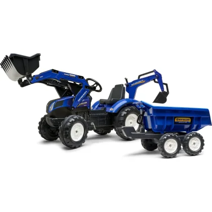 Falk Šlapací traktor 3090W New Holland T8 s nakladačem, rypadlem a maxi vlečkou