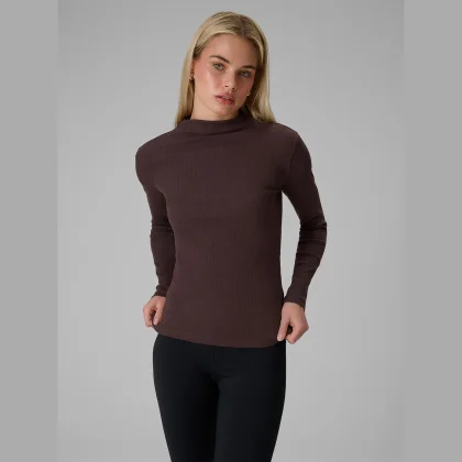 Longsleeve slim z rebrovanej pleteniny dámsky - hnedý