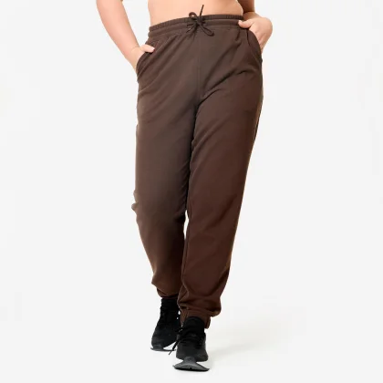 DOMYOS Dámske fitness tepláky 500 Essentials rovné hnedé XL (W35 L31)
