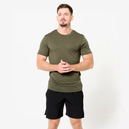 DOMYOS Pánske fitness tričko strih slim kaki S