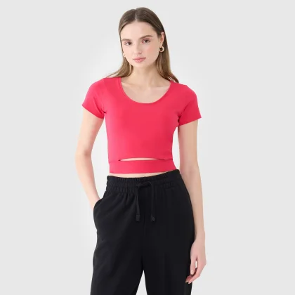 Dámské hladké tričko crop top - růžové