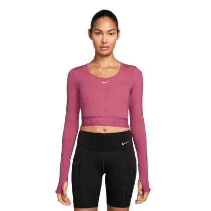 Dámske tréningové tričko s dlhým rukávom NIKE PRO W NP DF LS TOP GG SHINE SWEET BEET RUSH MAROON WHITE