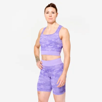 DOMYOS Crop top tielko na fitness s maskáčovým vzorom fialové XL