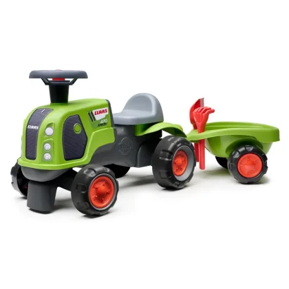 Falk Traktor Baby Claas s volantem, klaksonem, přívěsem, hráběmi a lopatou