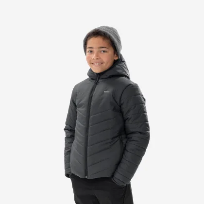 QUECHUA Detská turistická bunda MH500 prešívaná 7 – 15 rokov sivá 7-8 r (123-130 cm)
