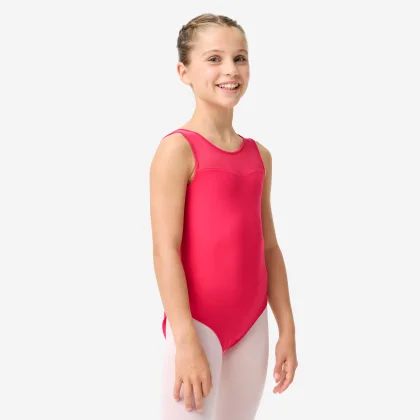 DOMYOS Dievčenský baletný trikot s volánom tmavoružový 5-6 r (113-122 cm)