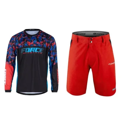 Force RECKLESS černo-červeno-modrý mtb dres - dl. rukáv + Force BLADE MTB červené šortky