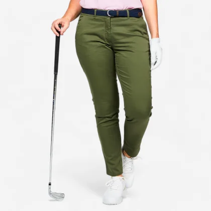 INESIS Dámske bavlnené golfové chino nohavice MW500 hnedé kaki XS-S (L30)