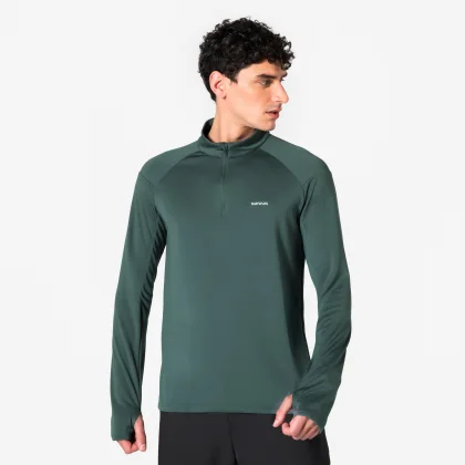 KIPRUN Pánske bežecké tričko Run 100 hrejivé priedušné s 1/2 zipsom kaki 2XL