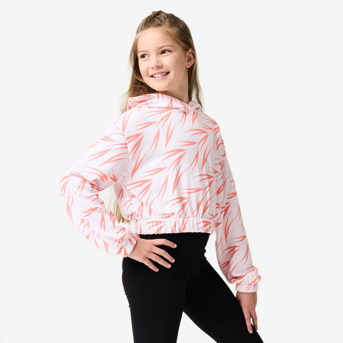 DOMYOS Dievčenská crop mikina s kapucňou na moderný tanec biela s oranžovou potlačou 7-8 r (123-130 cm) · záber 1