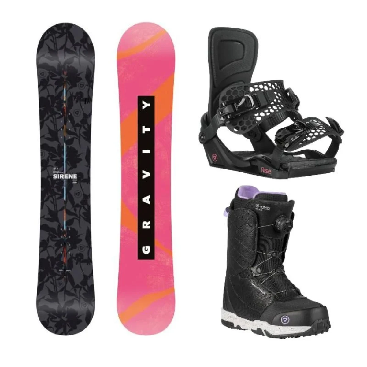 Gravity Sirene 25/26 dámský snowboard + Gravity Rise black vázání + Gravity Aura Atop black obuv · záber 1