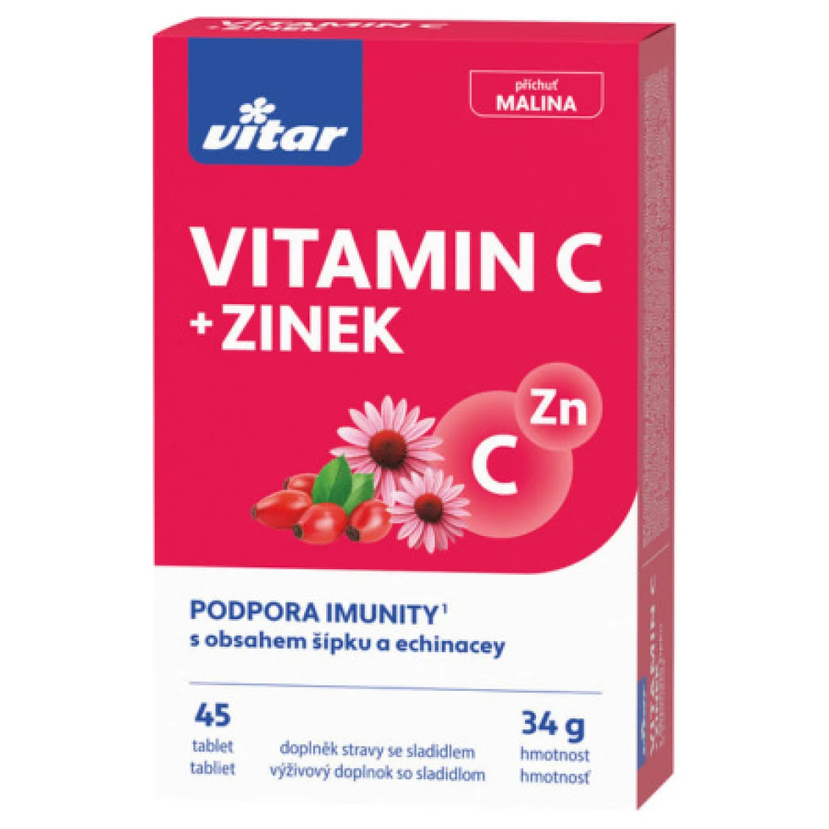 VITAR Vitamín C + zinok echinacea a šípka príchuť malina 30 + 15 zadarmo 45 tabliet · záber 1
