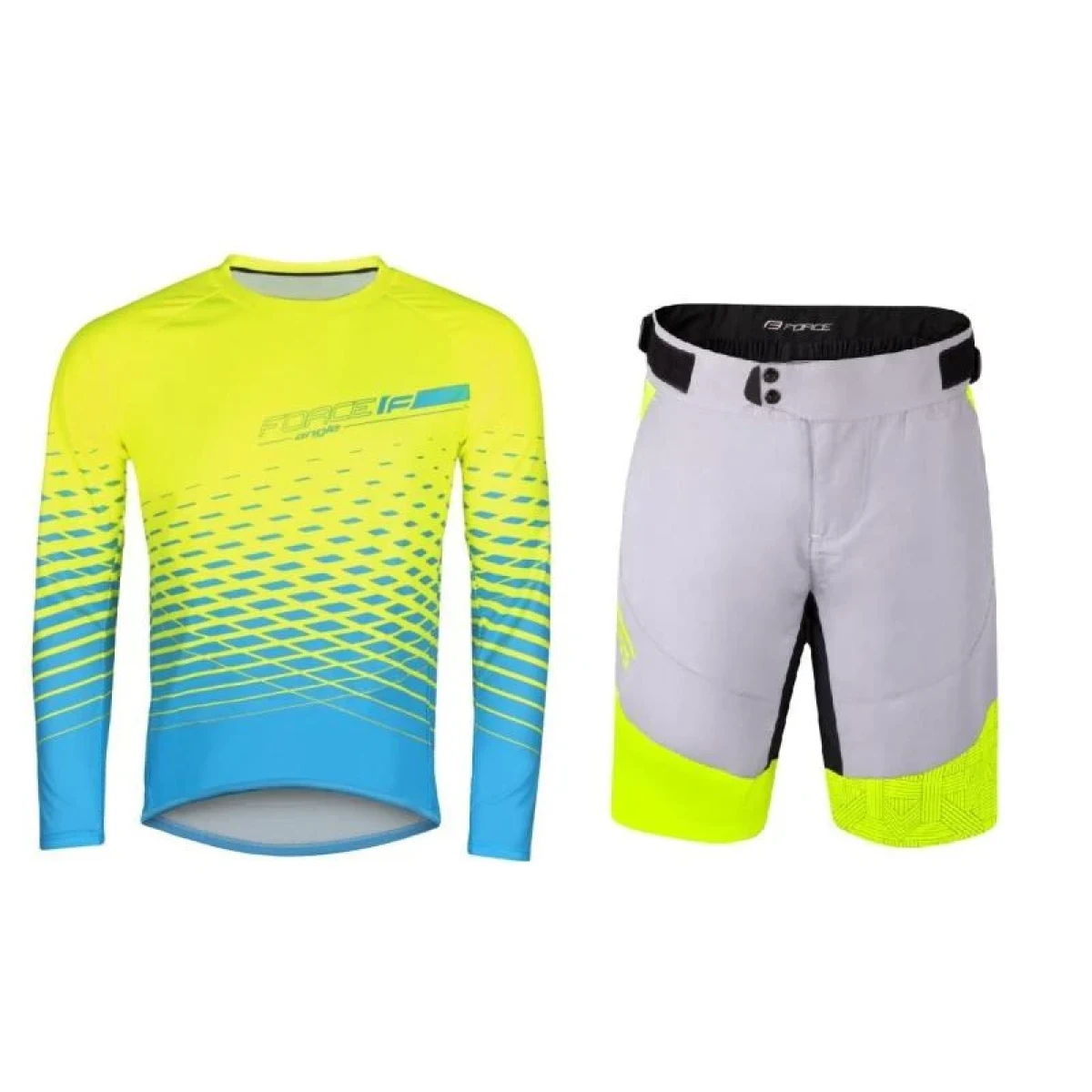 Force MTB ANGLE fluo-modrý cyklodres - dl. rukáv + Force STORM šedo-fluo cyklokraťasy · záber 1