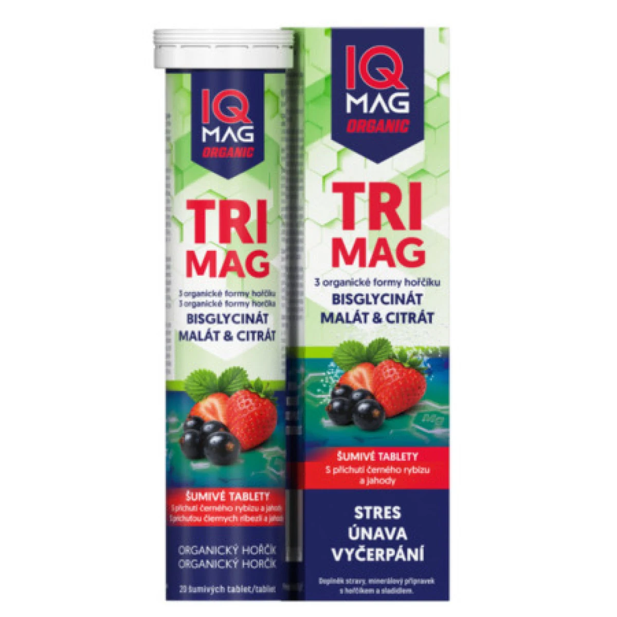 IQ MAG Organic trimag horčík šumivé tablety príchuť čiernej ríbezle a jahody 1 x 20 ks · záber 1
