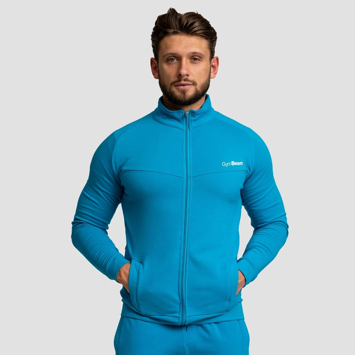 GymBeam Moška Zip Up jopica Limitless Aquamarine - Barva: modrá | Teža: 0,546 g · záber 1
