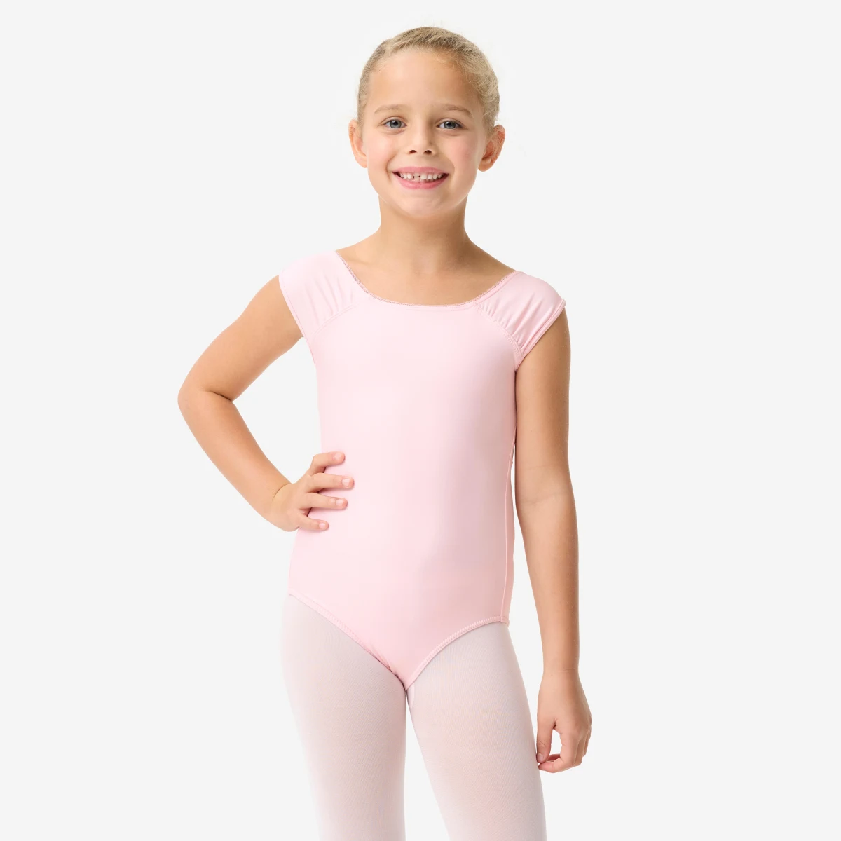 DOMYOS Dievčenský baletný trikot s krátkymi rukávmi ružový 5-6 r (113-122 cm) · záber 1