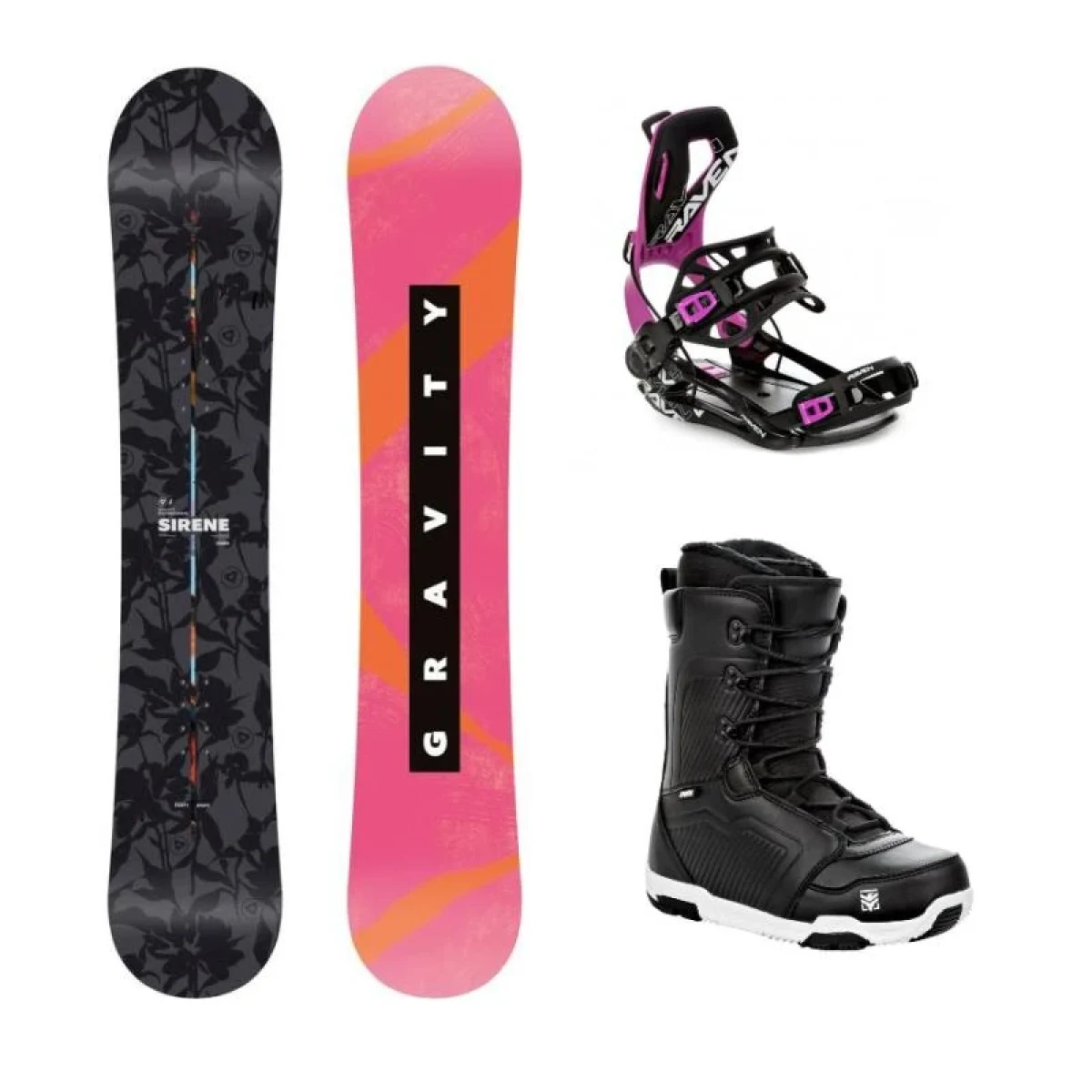 Gravity Sirene 25/26 snowboard + Raven Fastec FT360 black/fuchsia vázání + Raven Flush boty · záber 1