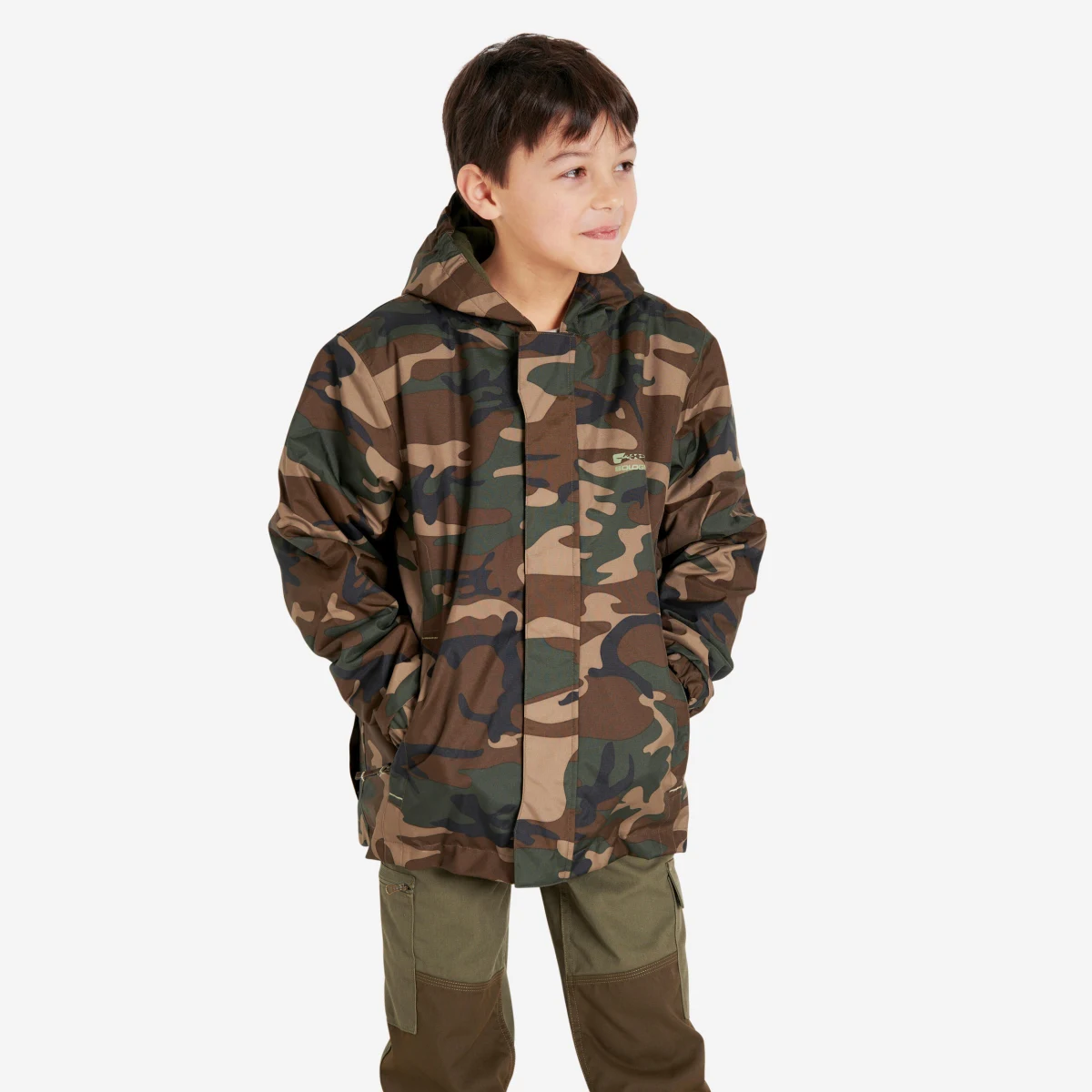SOLOGNAC Detská hrejivá poľovnícka bunda Woodland 100 maskáčová 6 rokov · záber 1