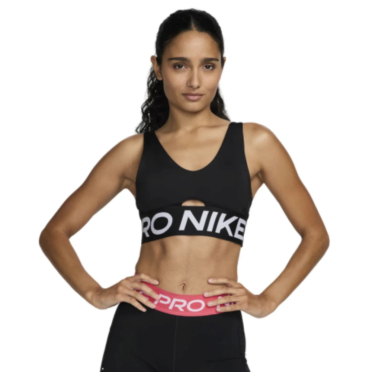 Dámská sportovní tréninková podprsenka NIKE PRO W NP INDY PLUNGE BRA BOLD-010 BLACK WHITE WHITE · záber 1