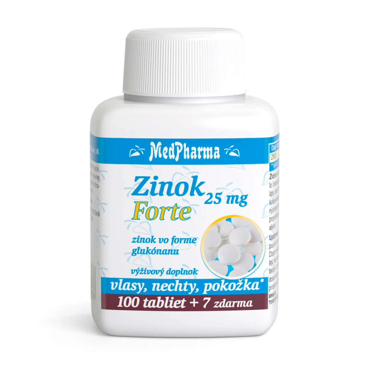 MedPharma ZINOK 25 mg Forte (zinok vo forme glukonátu) tablety 100+7 zadarmo · záber 1