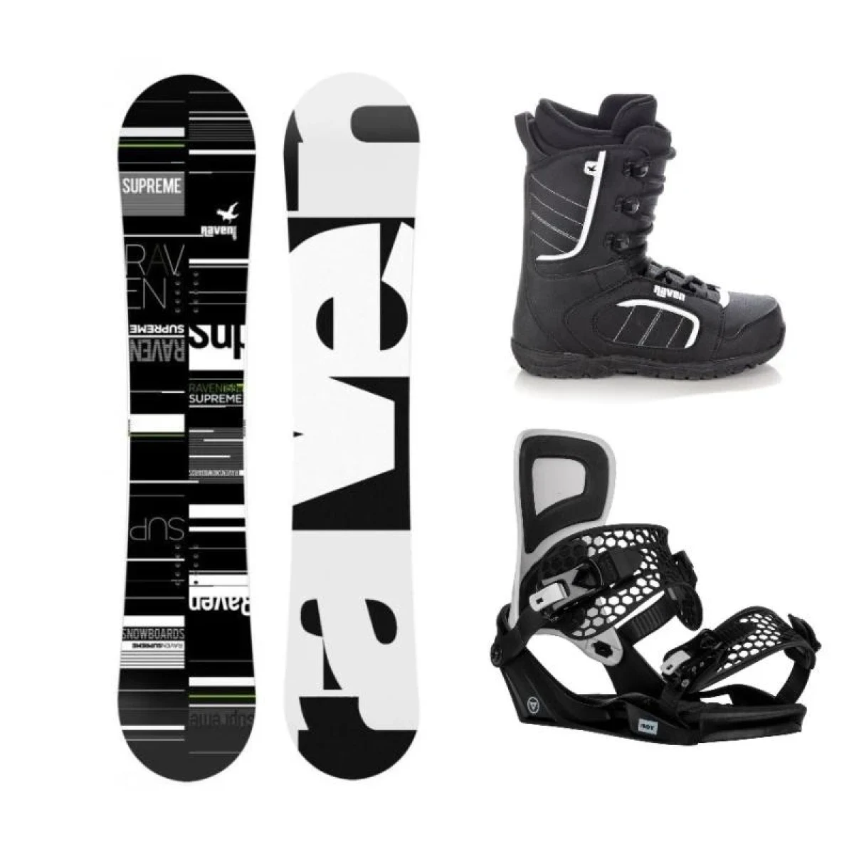 Raven Supreme black/green snowboard + Raven Fastec FT360 black vázání + Raven Target obuv · záber 1