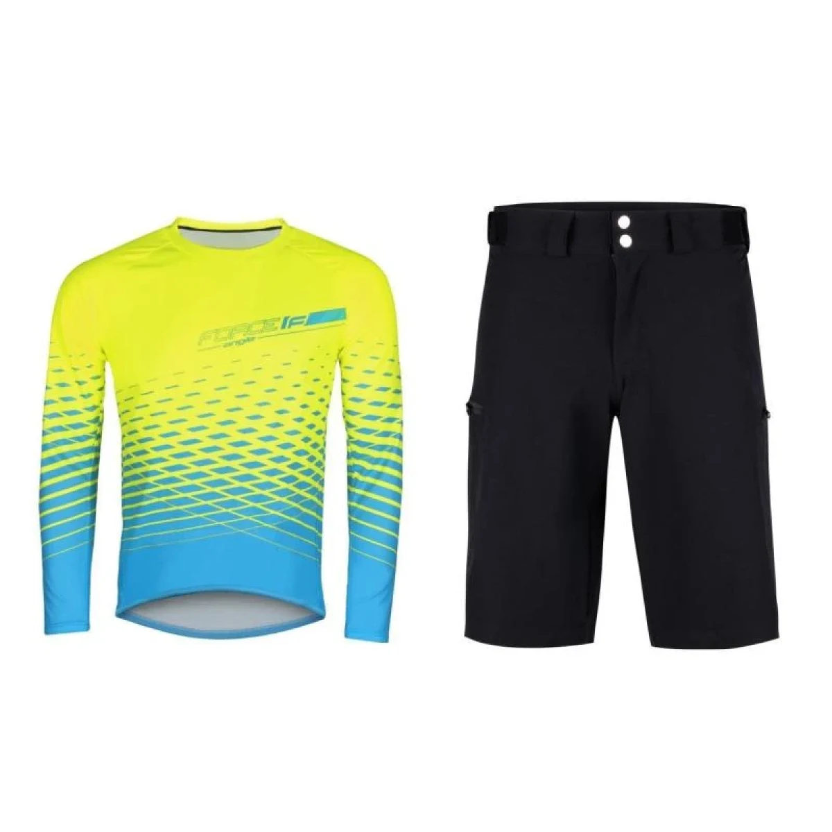 Force MTB ANGLE fluo-modrý cyklodres - dl. rukáv + Force MOUNT MTB černé cyklokraťasy bez vložky · záber 1