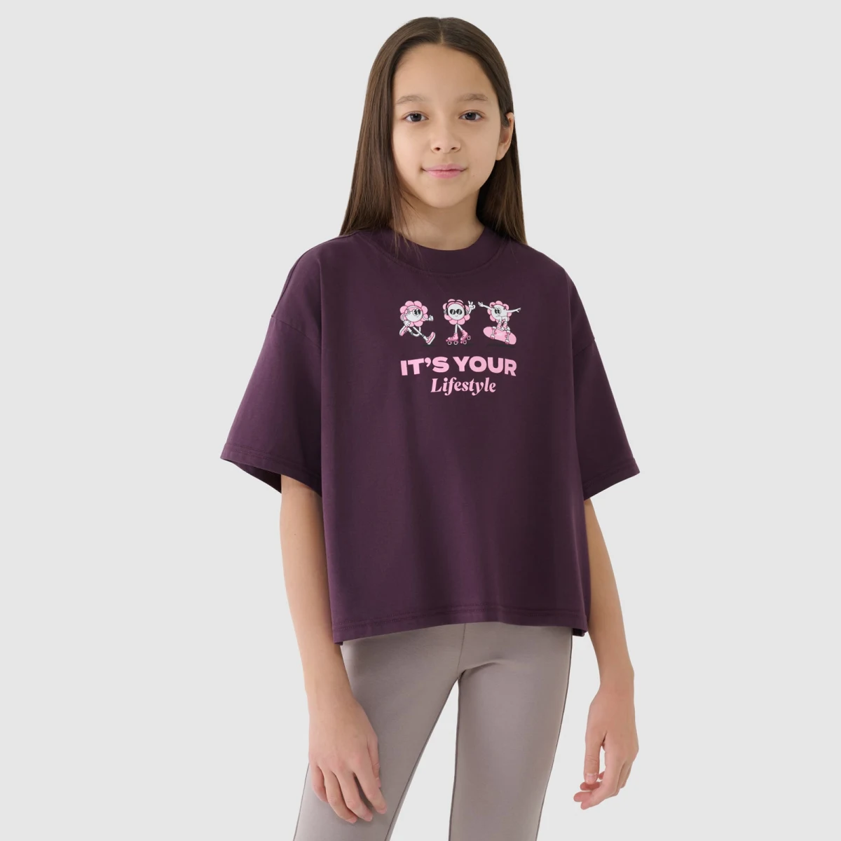 Dívčí crop top oversize s potiskem - fialový · záber 1