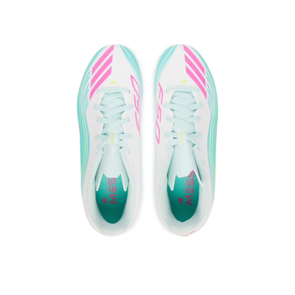 Chlapčenské futbalové kopačky outdoorové ADIDAS F50 Messi Club Jr FG MG cloud white lucid pink flash aqua · záber 3